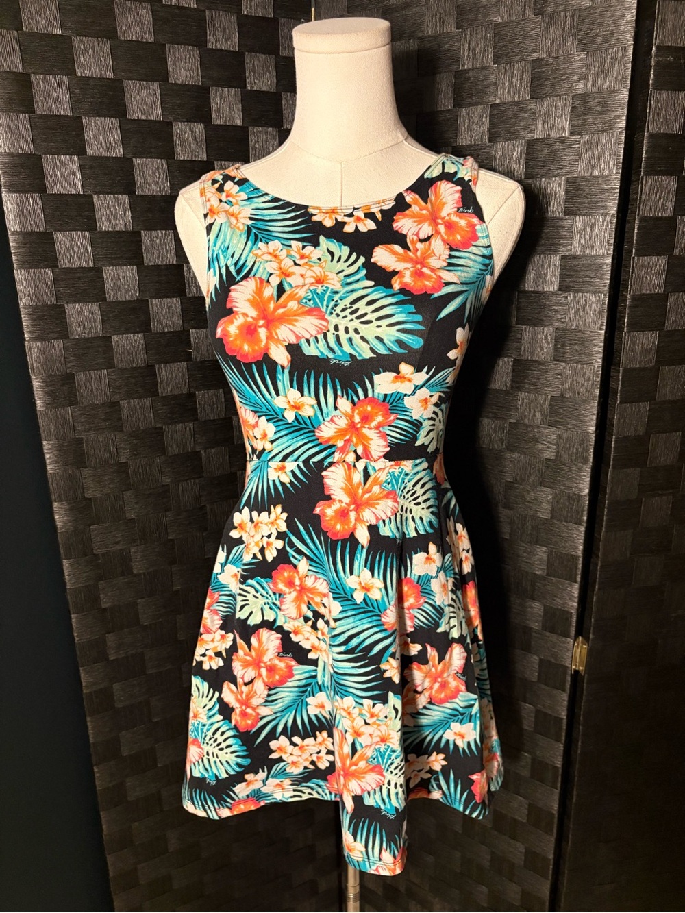 Pink Floral Fit-and-Flare Tank Mini Dress - Black Coral & Teal Floral